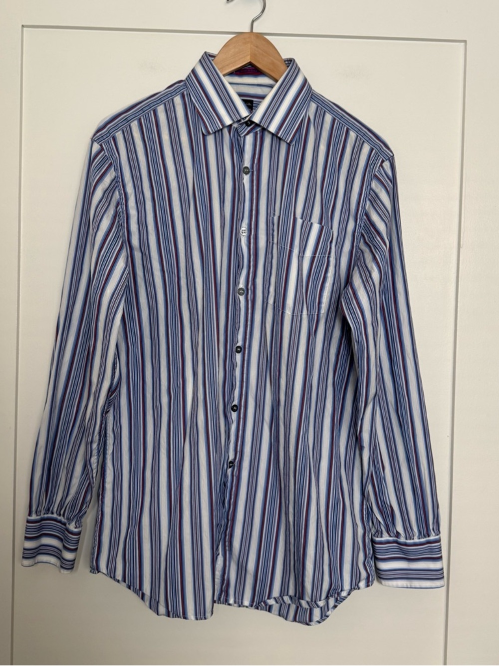 Paul Smith Shirt Men Sz 16 L Blue White Striped Button Up Long Sleeve Made Italy